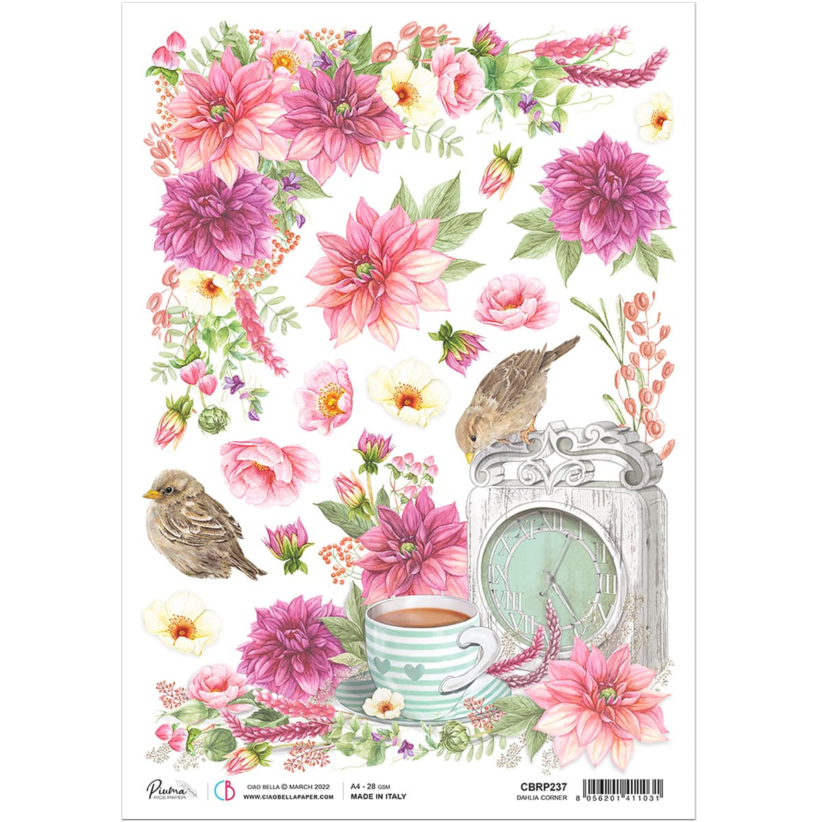Prima watercolor dahlias, birds, teacup, chipboard, and vintage clock elements.