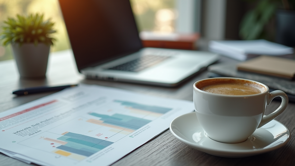 High angle view of a desk with a cup of coffee and affiliate marketing program brochures