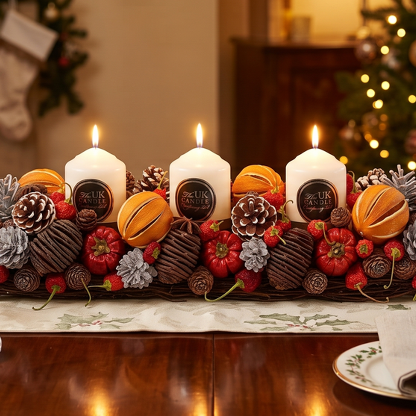 This long wicker base is decorated with fragrant dried oranges, cones, mini pumpkins, cinnamon sticks, and dried chillies, all scented with ‘Christmas in a Bottle Oil’.