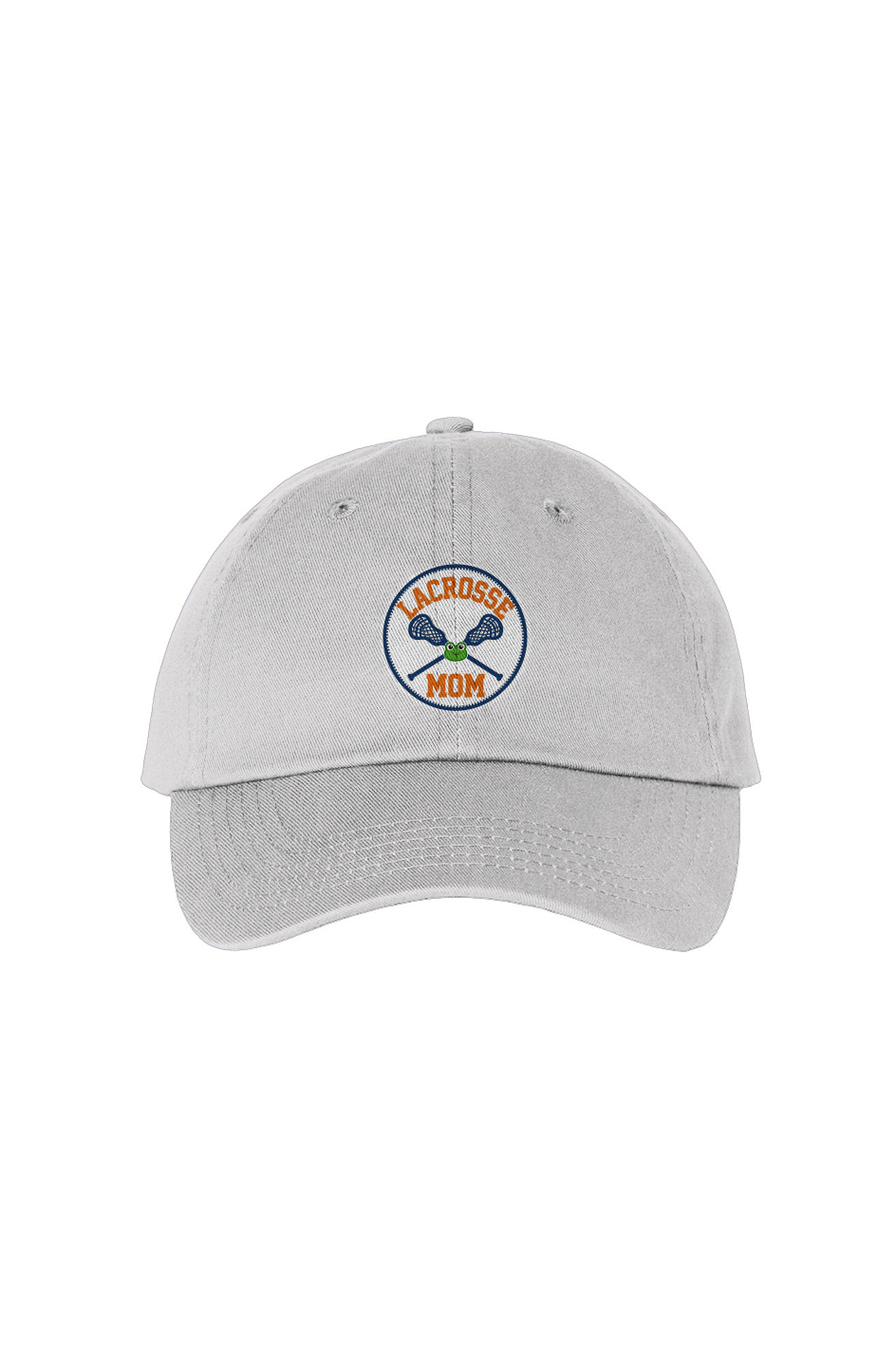 Lacrosse Mom embroidered dad hat — Orange & Navy design on White cap
