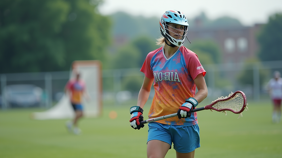 Eye-level view of a lacrosse player wearing a colorful breathable jersey on the field