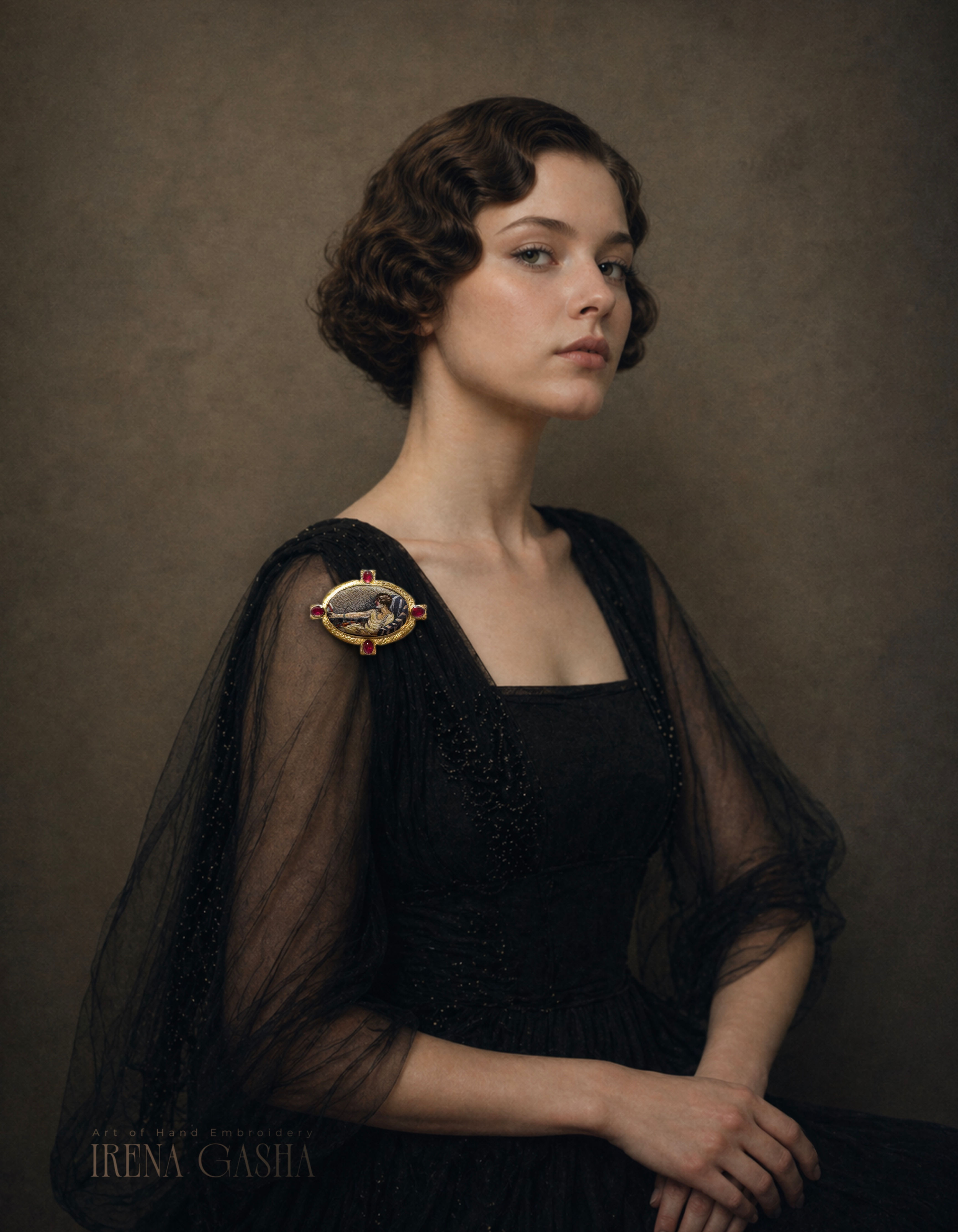 Oval hand-embroidered brooch inspired by Alfred Cucuel, featuring a reclining female figure in silk threads, set in a texture