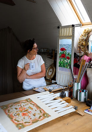 Irena Gasha with her Lesage School embroideries in her workshop