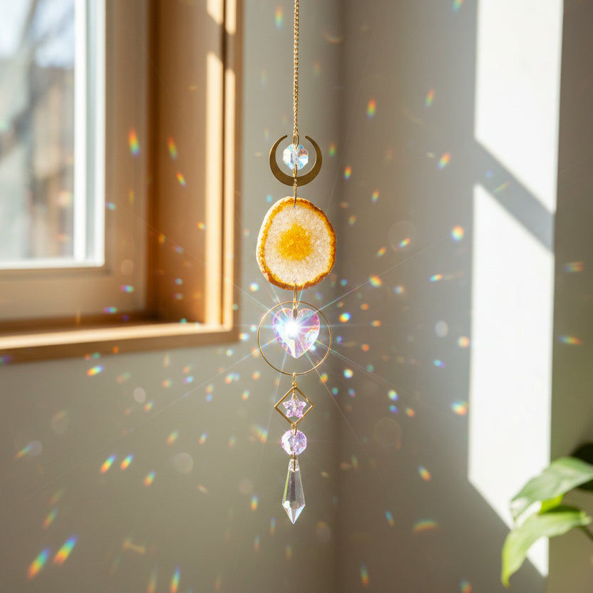 Decorative hanging crystal with colorful heart design on a white background