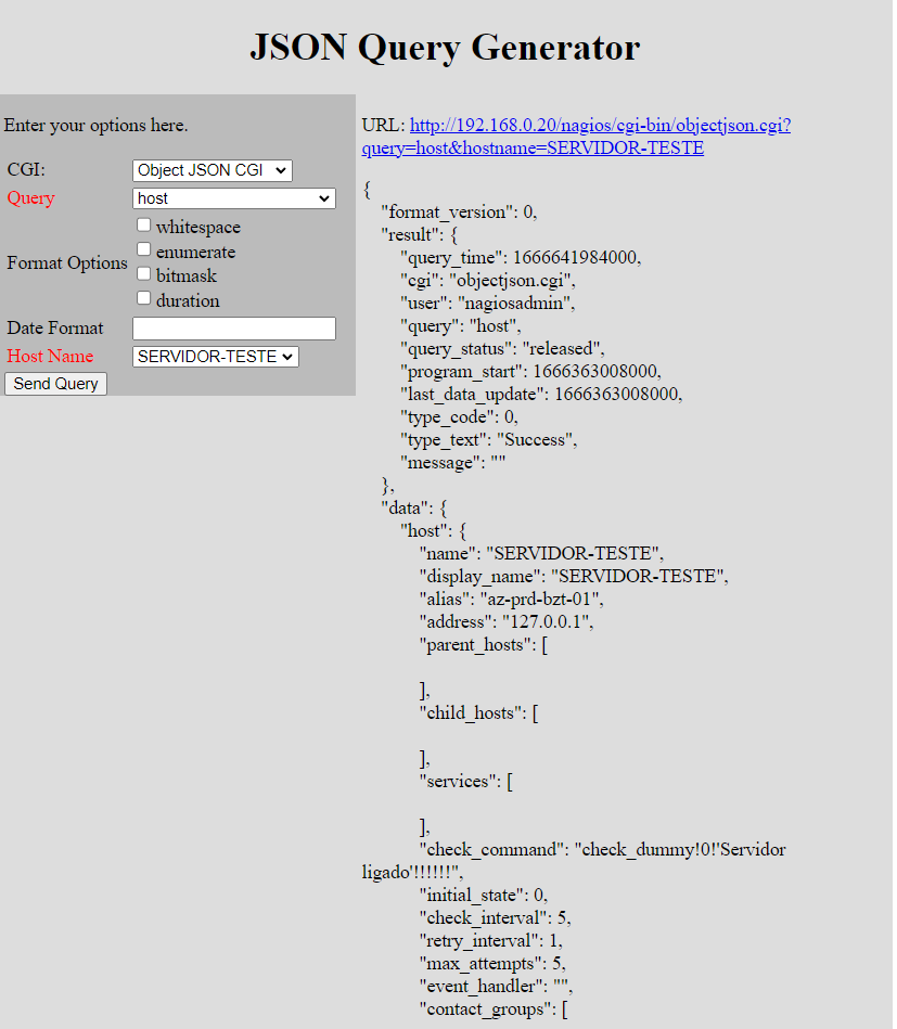 Consulta para saber os detalhes do objeto de um host Consulta Web Objetos Json