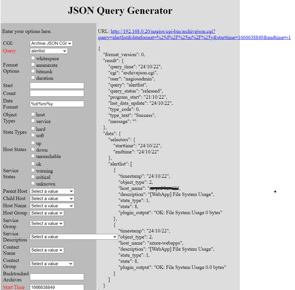 Consulta para saber os últimos alertas. Consulta Web Archive Json