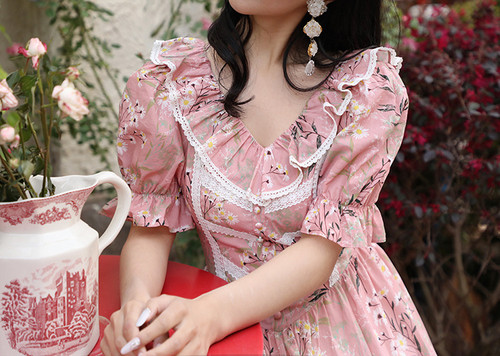open lace back dress White and Pink Floral Dress S