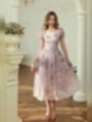 Vintage Floral Midi Dress, Lilac Pink Garden Party Dress, Square Neck