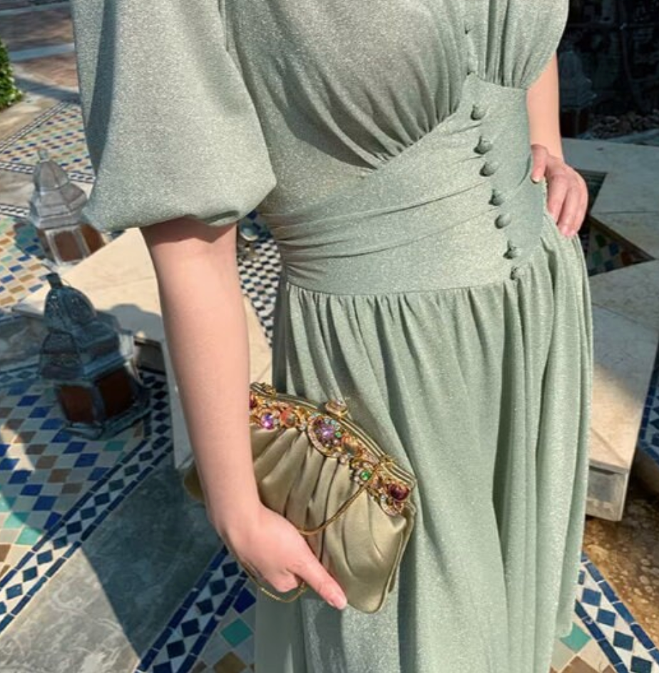 Thumbnail: Clearance---Green Color Only French Retro Style. V Neck Dress,