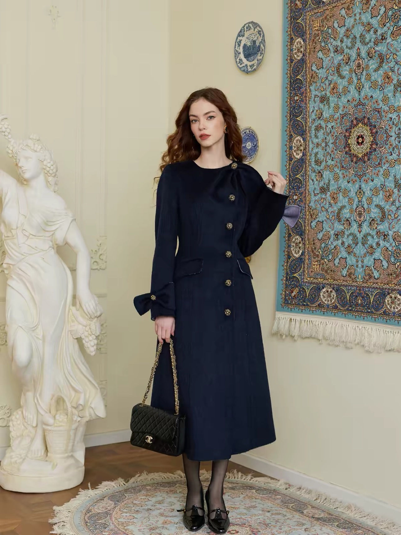 navy wool coat front look