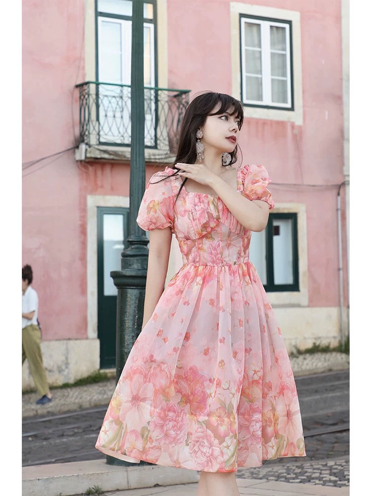Thumbnail: Sweet Pink Floral Dress – Square Neck Puff Sleeve Short Dress with Boning Detail