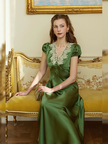 Green Satin Maxi Dress, Lace Collar Dress, Vintage Inspired | MrWaterNewYork Green Satin Maxi Dress, Lace Collar Dress, Vintage Inspired | MrWaterNewYork