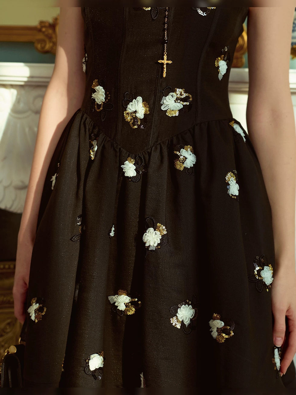 Thumbnail: Black Embroidered Mini Dress, Square Neck