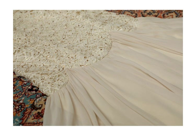 Thumbnail: Ivory Lace  Chiffon Midi Dress Fully Lined Beaded U Neck, Romantic Vintage Dress