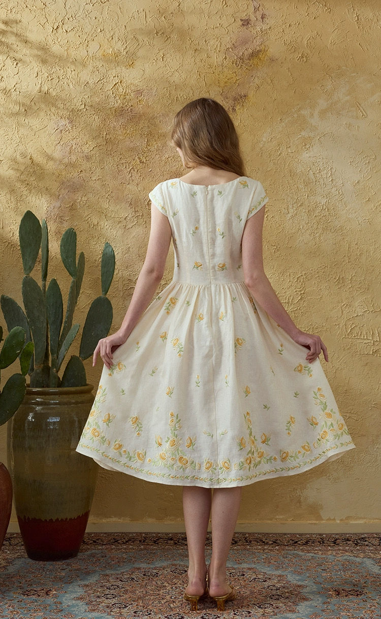 Thumbnail: Yellow Rose Embroidered Linen Tencel Dress