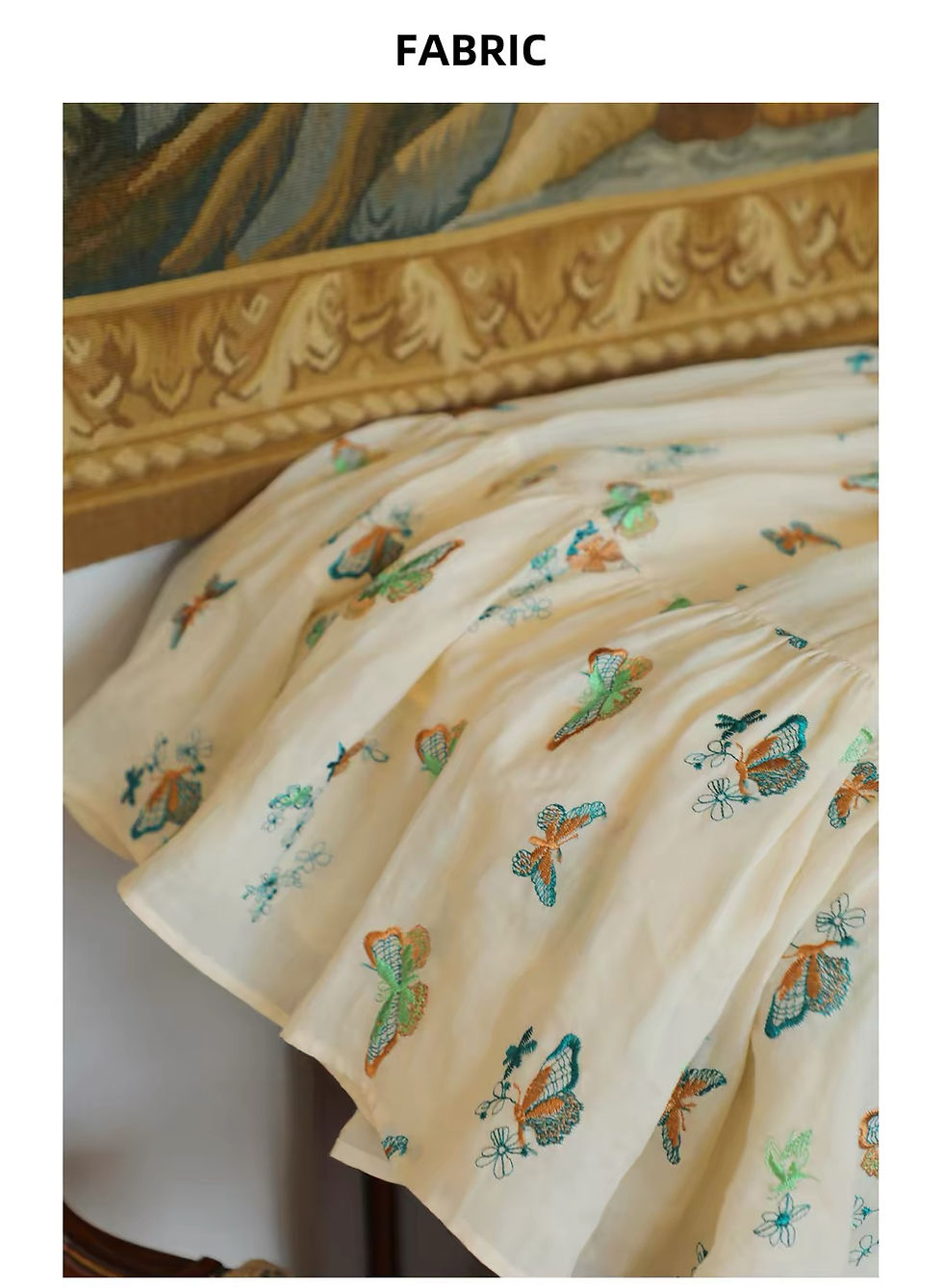 Thumbnail: Butterfly Embroidered Ramie Dress, Cotton Lined Square Neck Cottagecore Dress