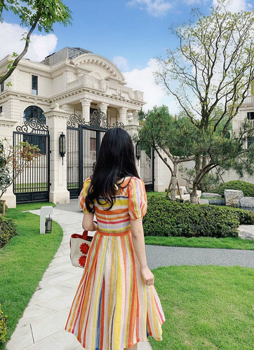 knee length dresses for ladies Unique Vintage Diagonal Rainbow Stripe Spaghetti Strap Midi Dress