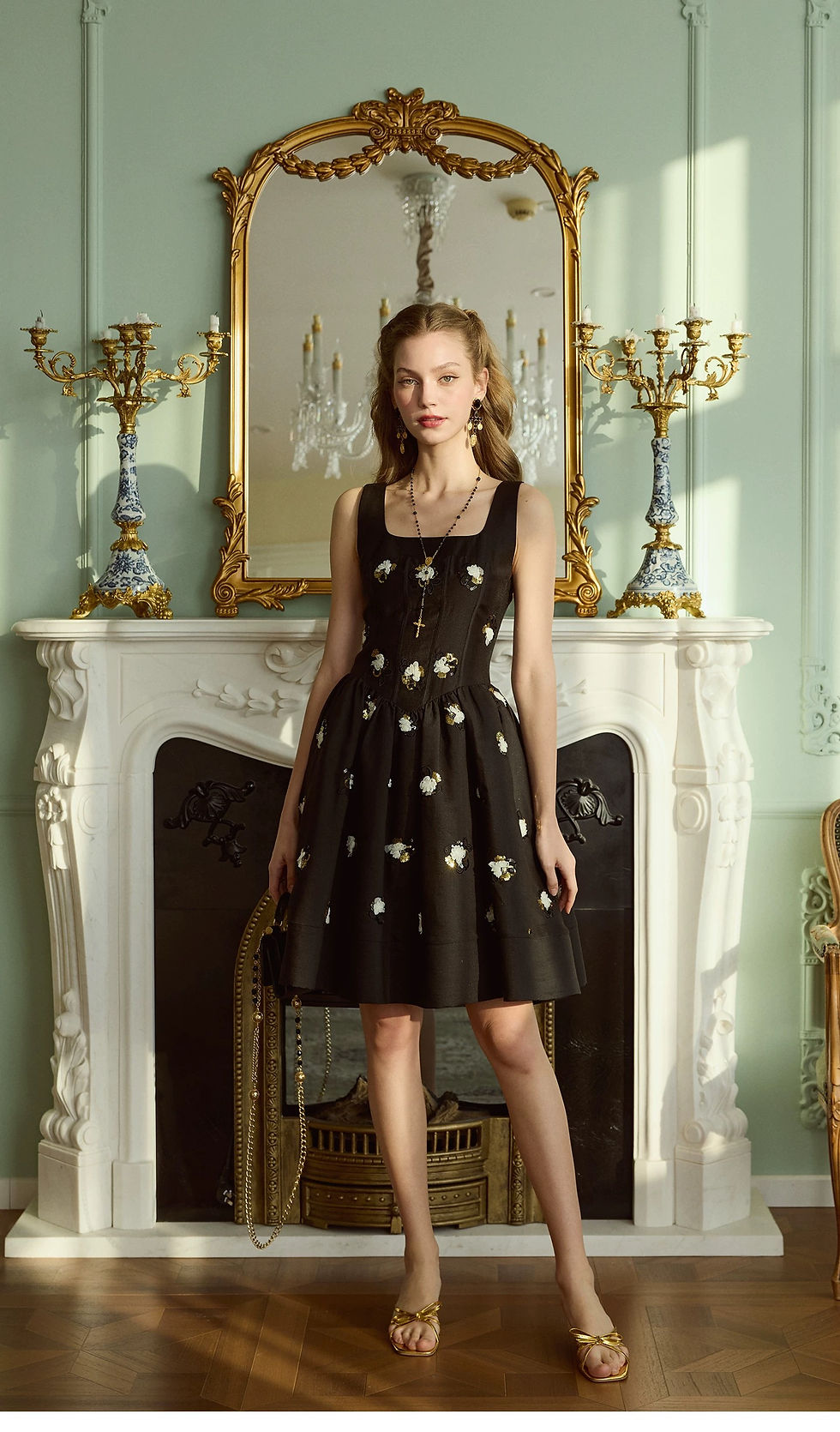 Thumbnail: Black Embroidered Mini Dress, Square Neck