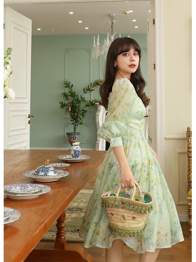 Thumbnail: Vintage Floral Maxi Dress Cottagecore Puff Sleeve Square Neck Dress