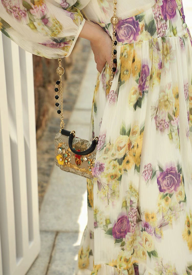 Thumbnail: Vintage Floral Chiffon Midi Dress Hand Painted Italian Print, Ruffle Hem