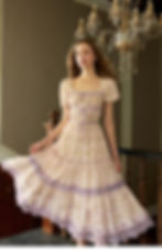 Thumbnail: Romantic Tencel Cotton Dress, Purple Lace Midi Length Puff Sleeve Dress