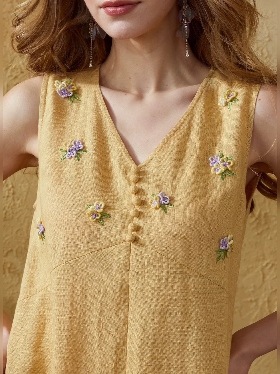 Thumbnail: Yellow Tencel Linen Midi Dress, Sleeveless Embroidered  V Neck Relaxed Fit