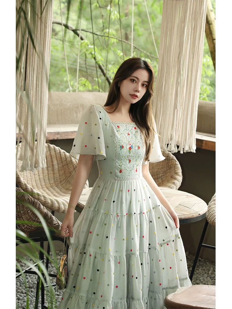 Thumbnail: Hand Made Embroidery Square Neck Dots Summer Dress