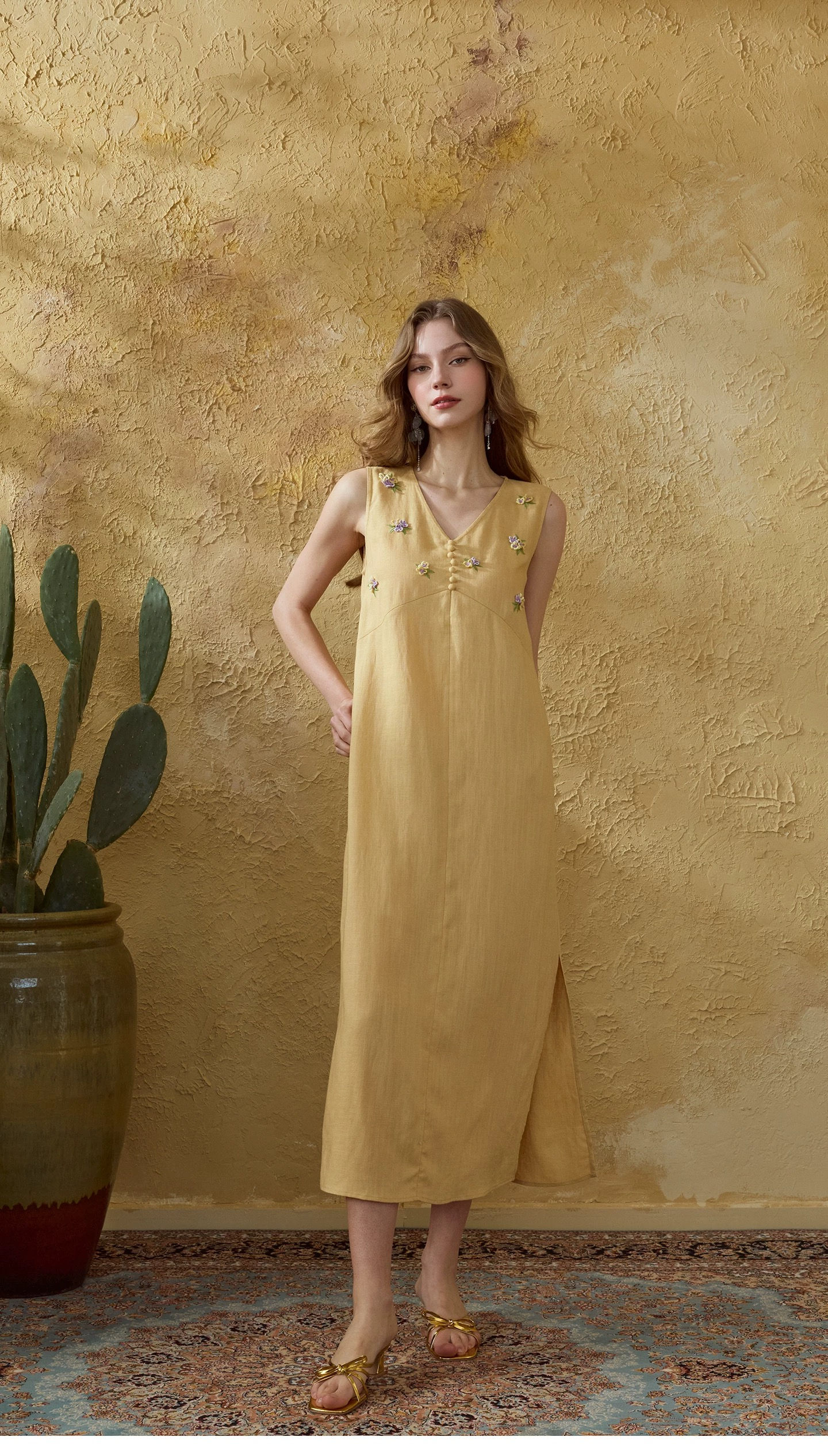 Yellow Tencel Linen Midi Dress, Sleeveless Embroidered  V Neck Relaxed Fit
