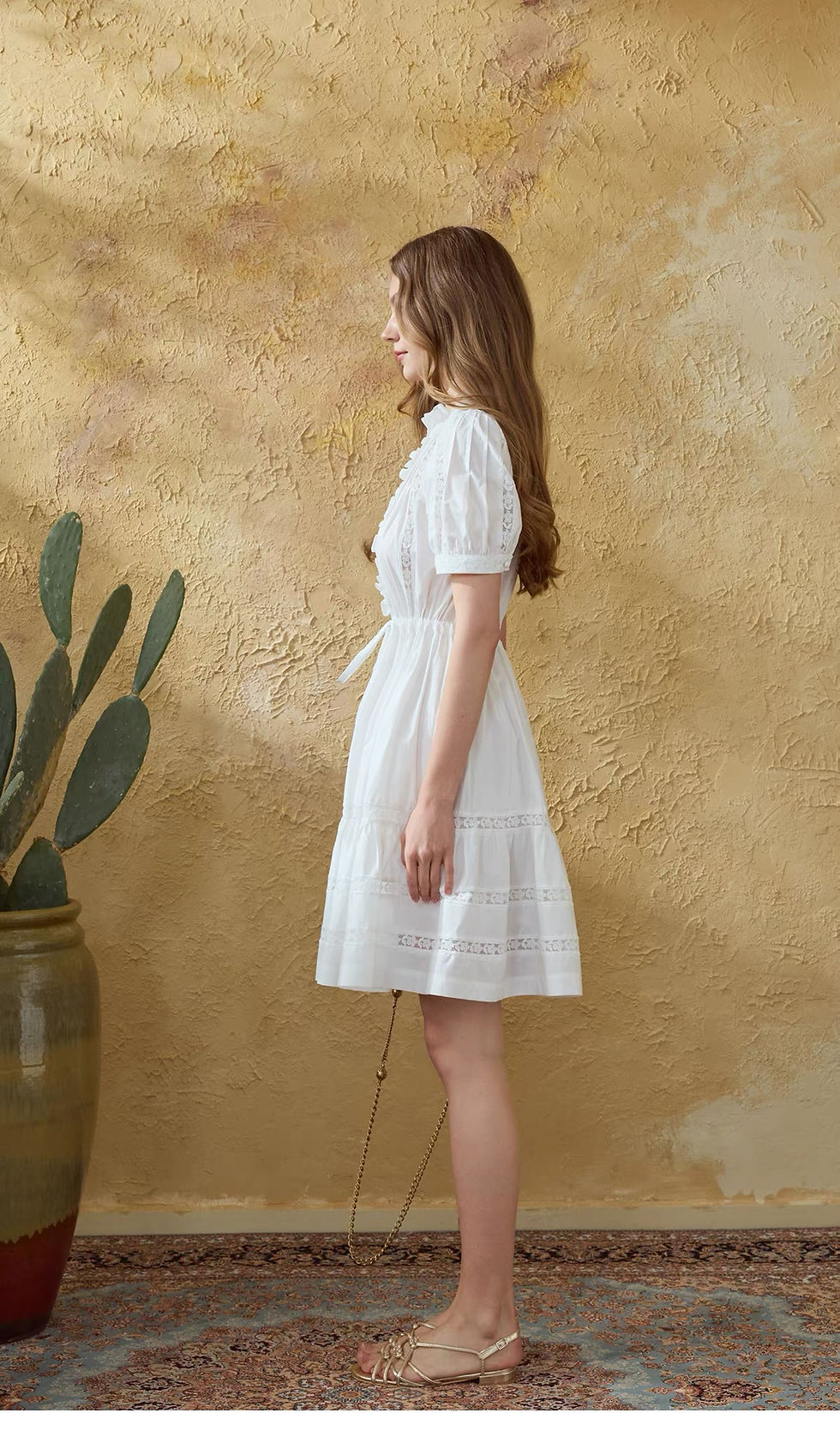 Thumbnail: Organic Cotton White Dress, Lace Panel Midi Dress, Puff Sleeve Cottagecore Dress