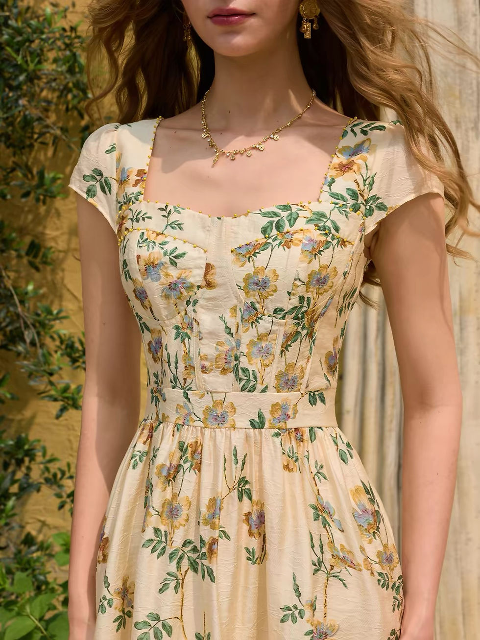 Thumbnail: Floral Tencel Midi Dress, Cotton Lined Square Neck Garden Party Dress, Hand Bead