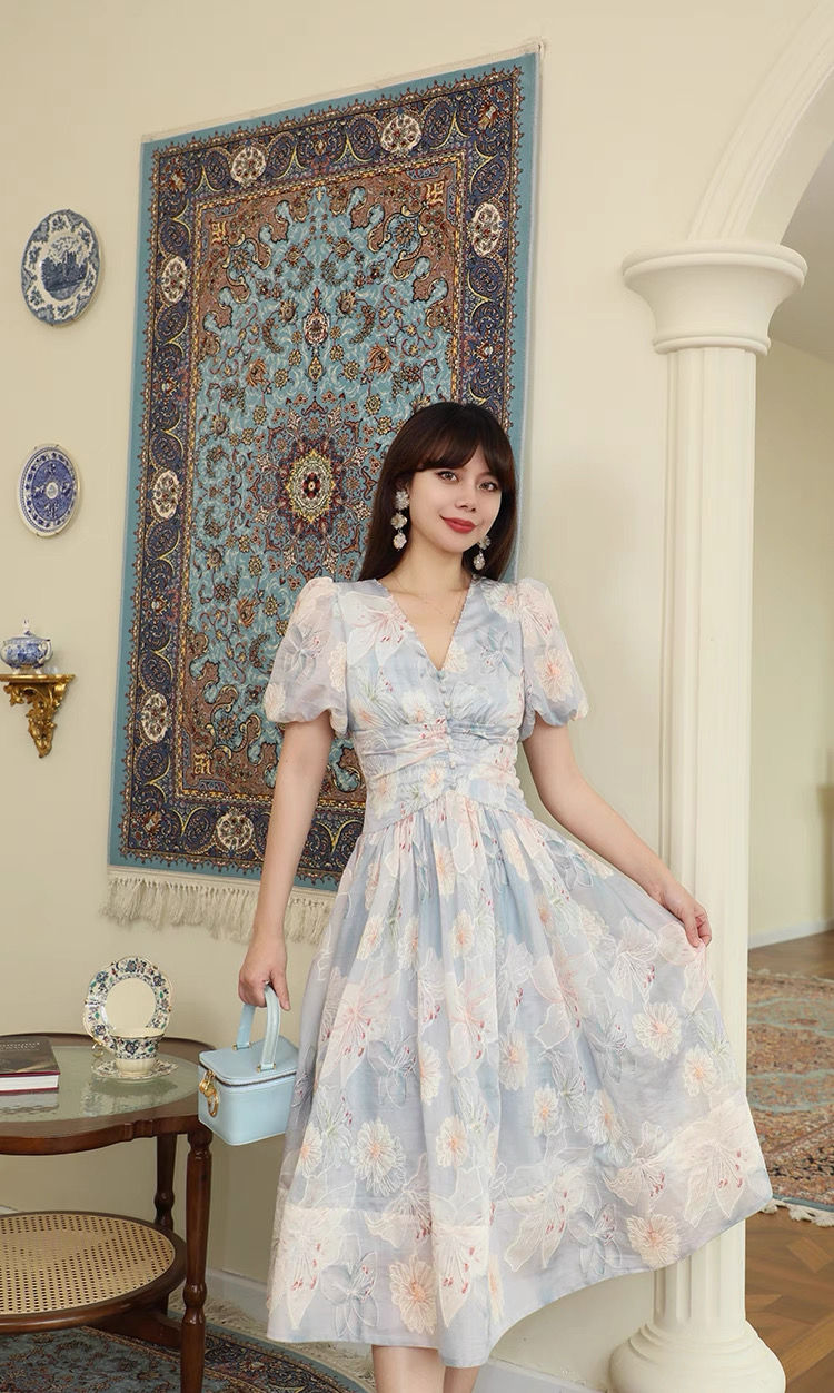 Thumbnail: French Embroidered TENCEL Midi Dress Pastel Floral Full Embroidery