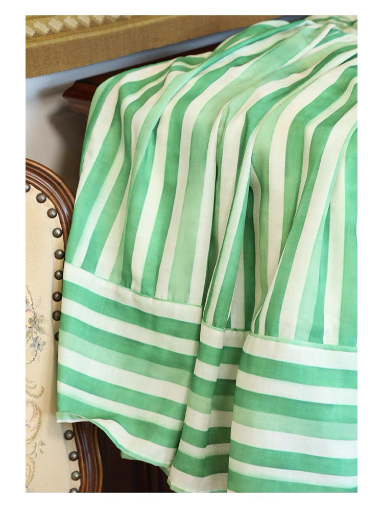 Thumbnail: Fresh Green Striped Midi Dress – Sleeveless Square Neck, Folded Bodice, Eco Fabr