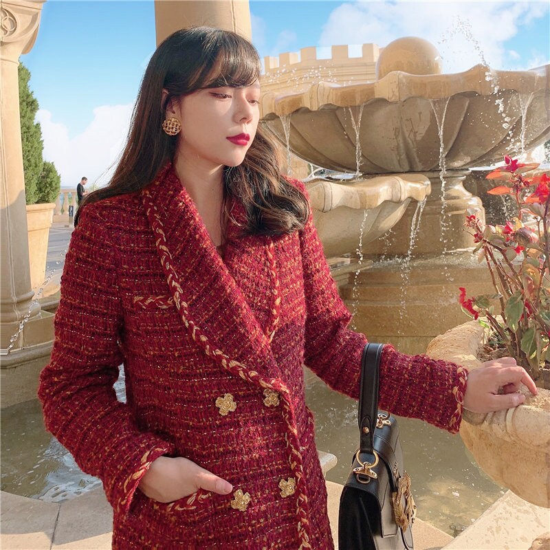 Thumbnail: H Shape Retro Coat. Dark Red Winter Coat. Wool Coat, with Pocket.