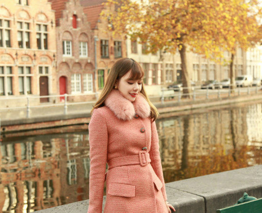 Winter Cozy, Retro Style Wool Coat, with Belt, Faux Fur Collar