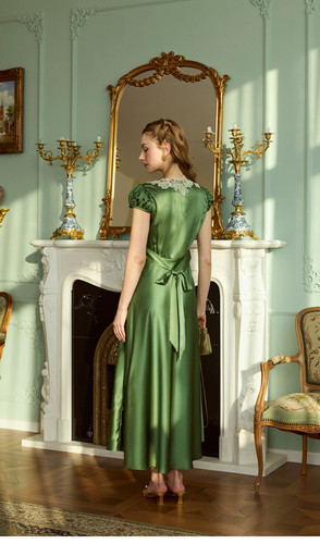 Green Satin Maxi Dress, Lace Collar Dress, Vintage Inspired Green Satin Maxi Dress, Lace Collar Dress, Vintage Inspired