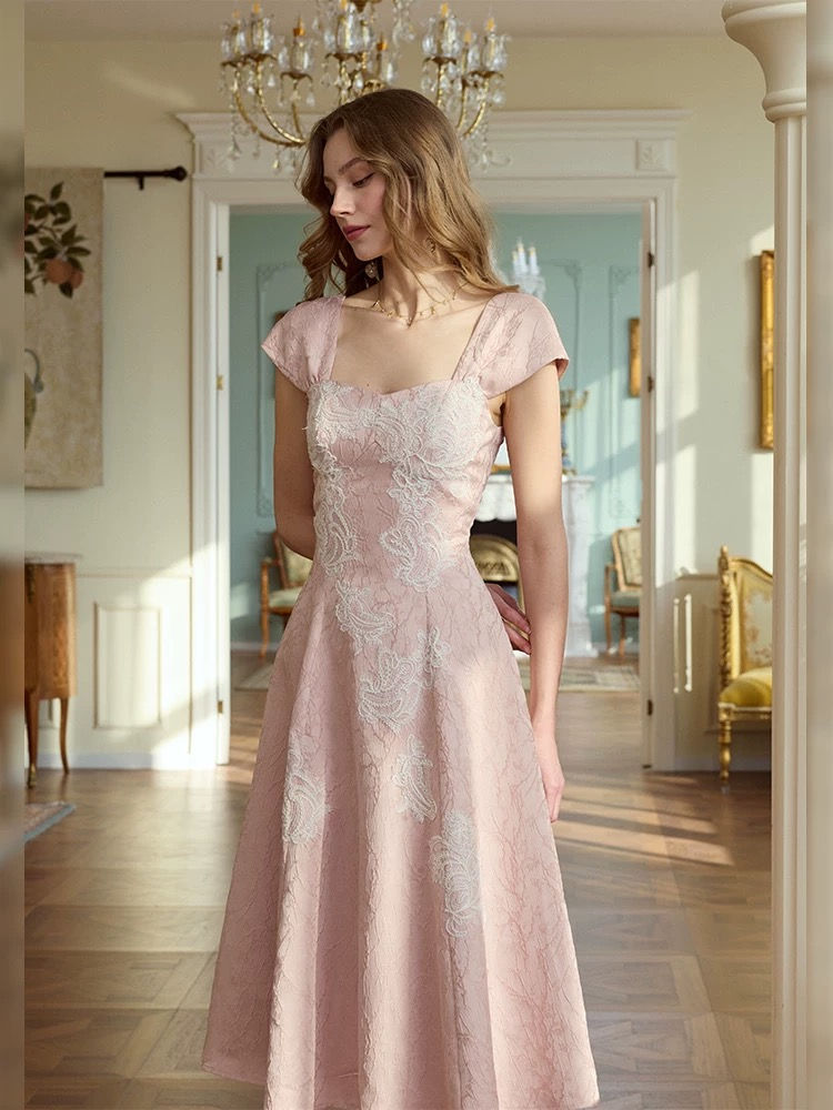 Thumbnail: Pink Jacquard Midi Dress with White Lace, Romantic Vintage Square Neck Dress
