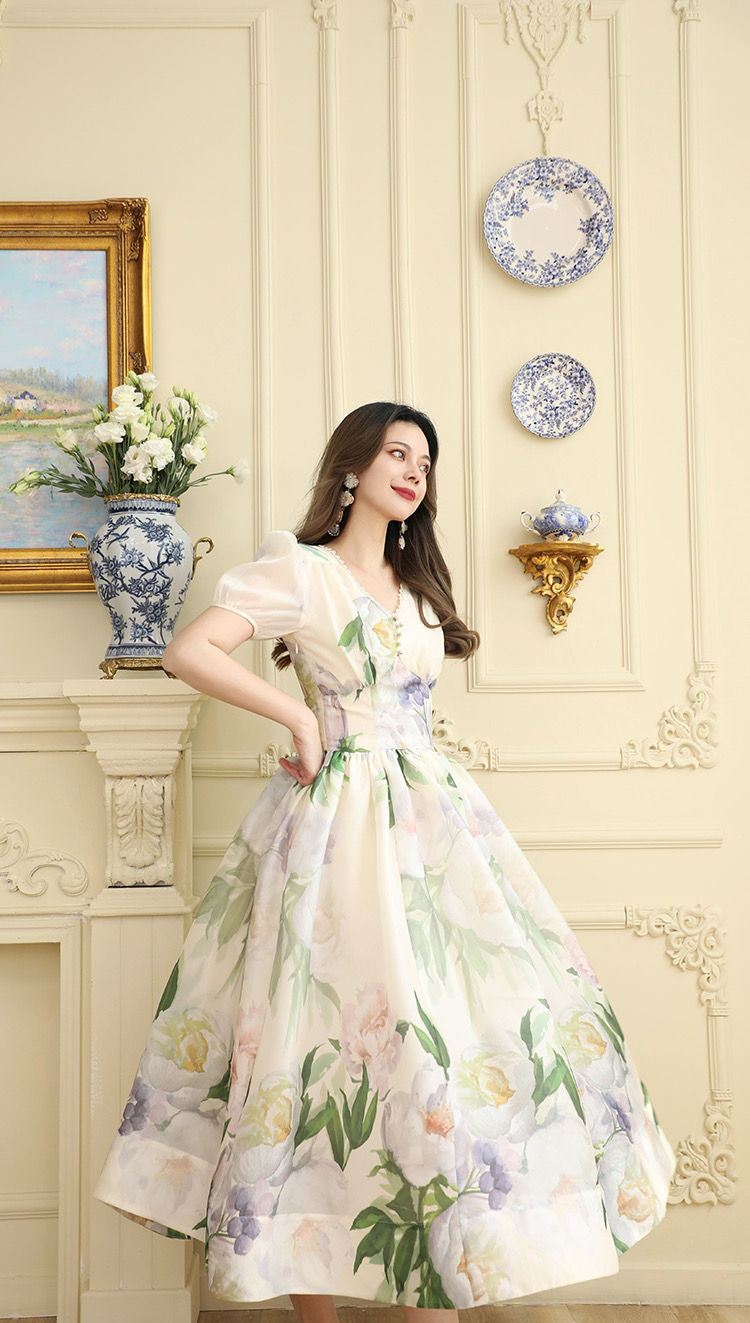 Thumbnail: V Neck Summer Dress, Retro French Style