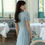 Thumbnail: Silk Blue Lace Midi Dress Vintage Square Neck Puff Sleeves Fully Lined