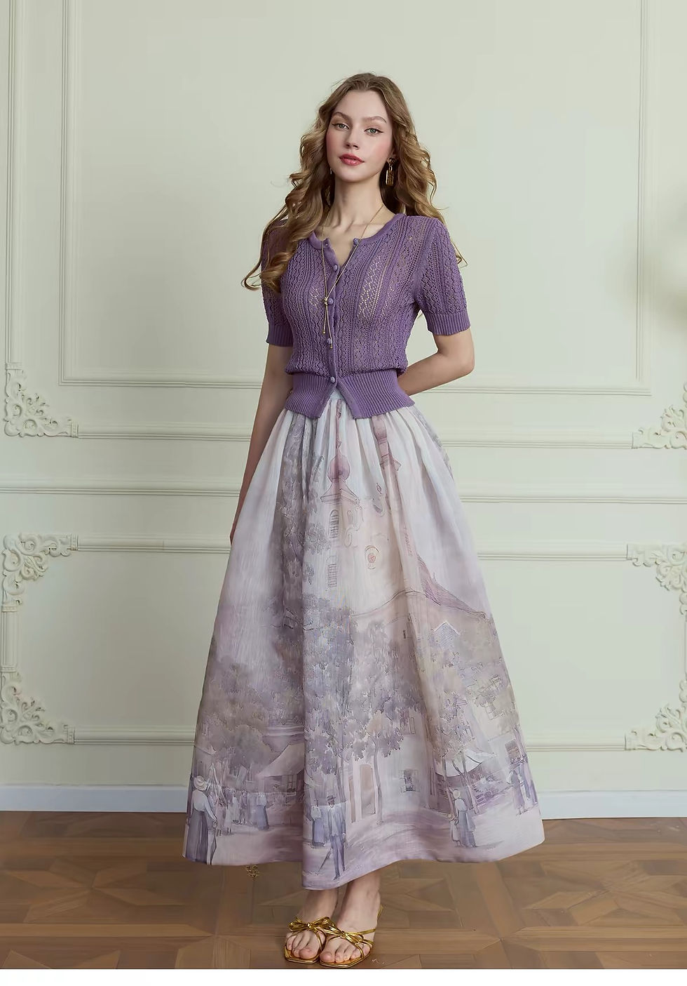 Thumbnail: Vintage Oil Painting Skirt Set, Purple Knit Top and Printed Midi Skirt