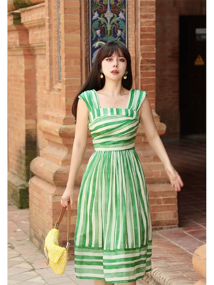 Thumbnail: Fresh Green Striped Midi Dress – Sleeveless Square Neck, Folded Bodice, Eco Fabr