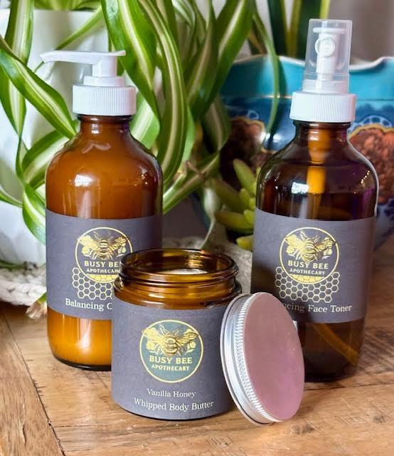 skincare kit in amber glass bottles