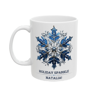 An elegant personalized mug featuring intricate snowflake designs, customizable for a unique touch
