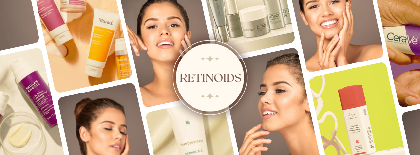 A collection of retinoid skincare products, including serums and creams, showcasing popular formulations containing retinol and hydroxypinacolone retinoate for anti-aging and acne treatment.