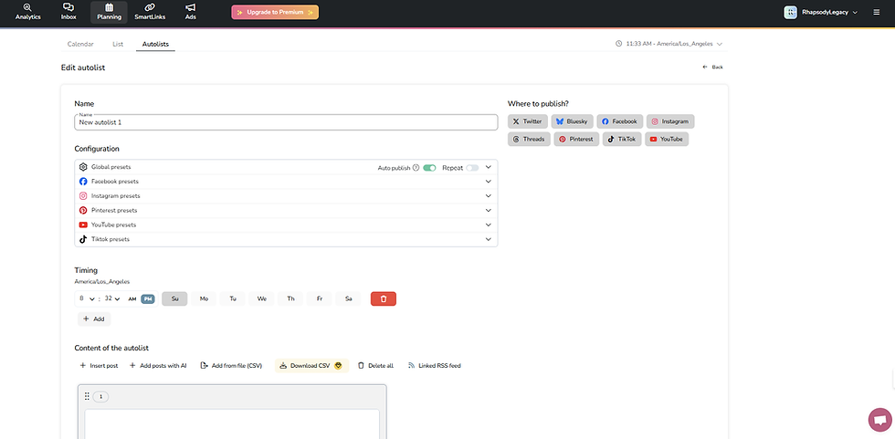 Creating new Metricool autolist