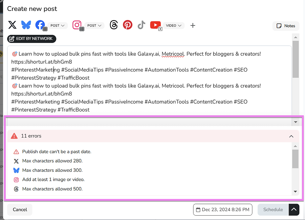 Screenshot of Metricool's Errors section displaying alerts for issues in the post text. The section highlights specific problems like exceeding character limits, missing images, and unsupported formats, helping users correct them before publishing.