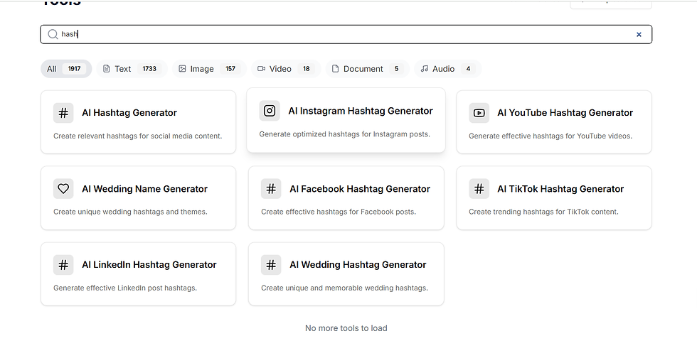 Screenshot of Galaxy.ai showcasing various AI Hashtag Generators, including AI Instagram Hashtag Generator, AI YouTube Hashtag Generator, AI Facebook Hashtag Generator, AI TikTok Hashtag Generator, and AI LinkedIn Hashtag Generator. Each tool is designed to help users generate engaging and relevant hashtags for their social media content.