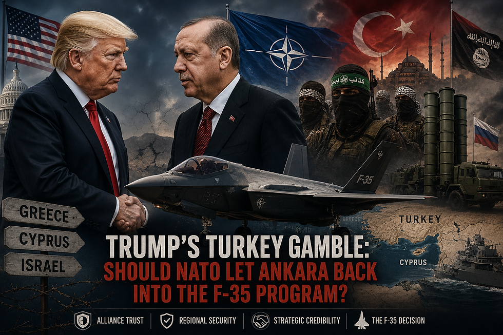 AI-generated illustration depicting President Donald Trump, Turkish President Recep Tayyip Erdoğan, the F-35 fighter jet, and the geopolitical debate over Turkey's future role in NATO. Super Short: