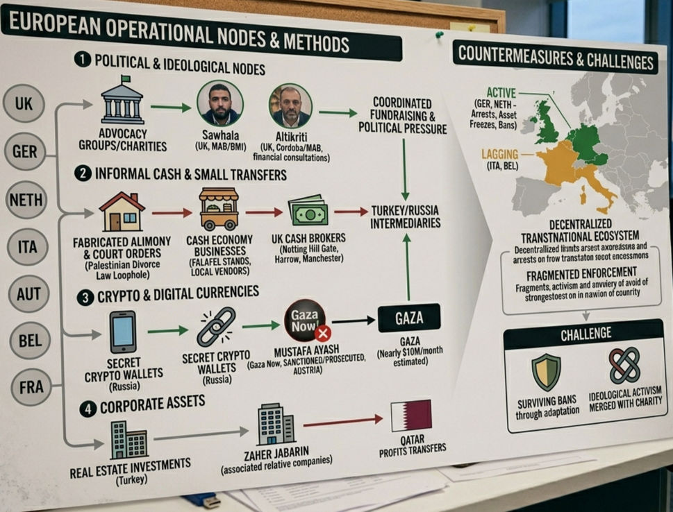 Hamas funding Europe — money laundering network illustration