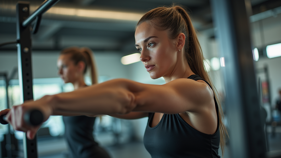 Eye-level view of a fitness coach demonstrating a workout routine