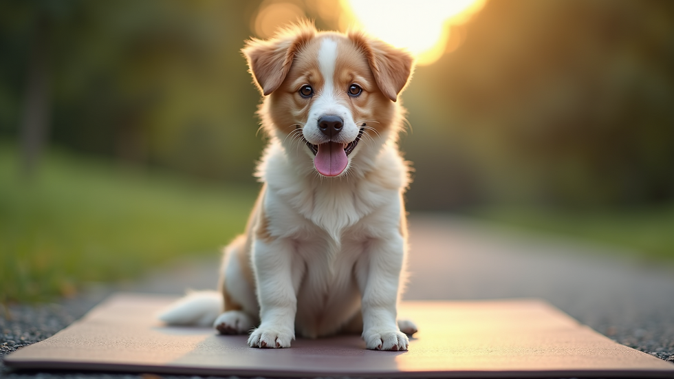 Eye-level view of a dog sitting obediently on a training mat